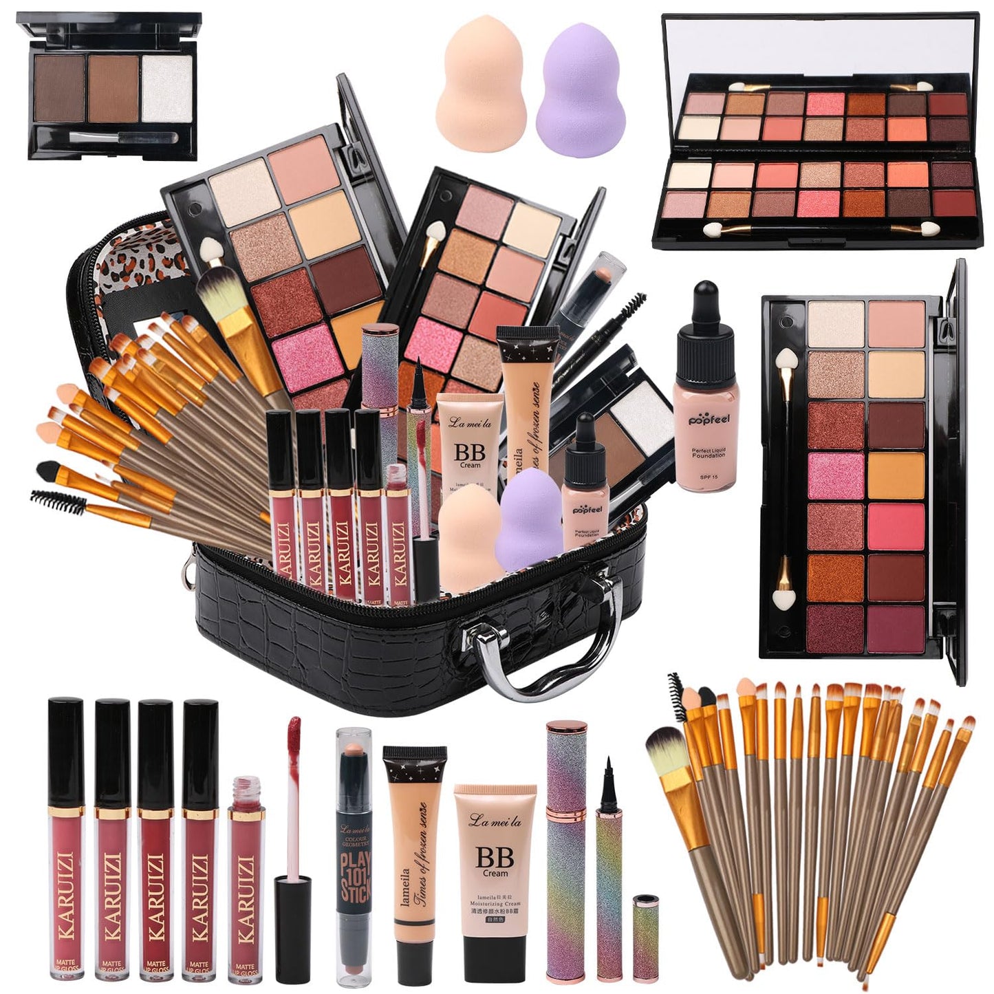 MTDXILTAI All in One Makeup Kit - 2X14 Eyeshadow Palette, Liquid Foundation, Eyeliner Pencils, Contouring Stick, Lip Gloss, 20Pcs Makeup Brushes (Black)