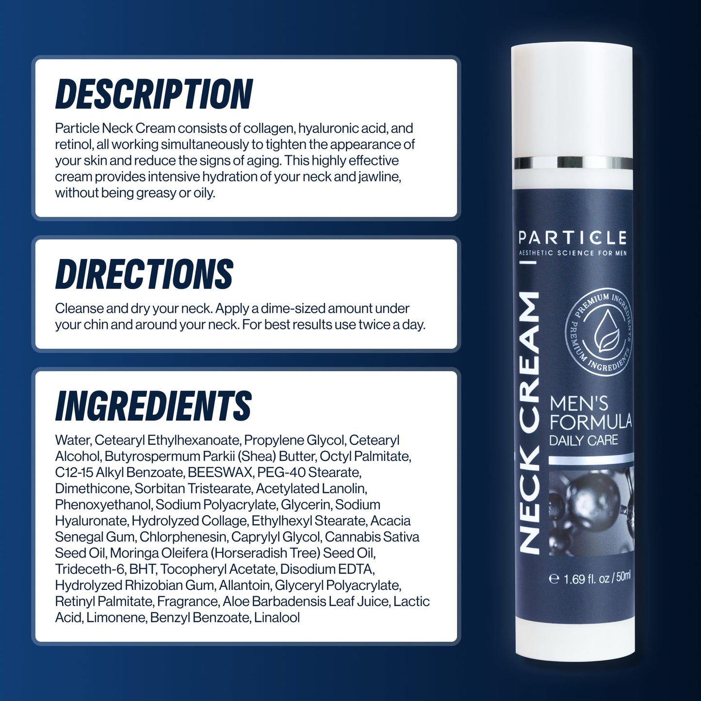 Particle Neck Cream, Daily Skin Care for Men with Collagen, Hyaluronic Acid, Retinol, Vitamin E, Moringa Oil & Shea Butter for Health Skin Support, Hydrating Men’s Body Lotion, 1.7 fl oz