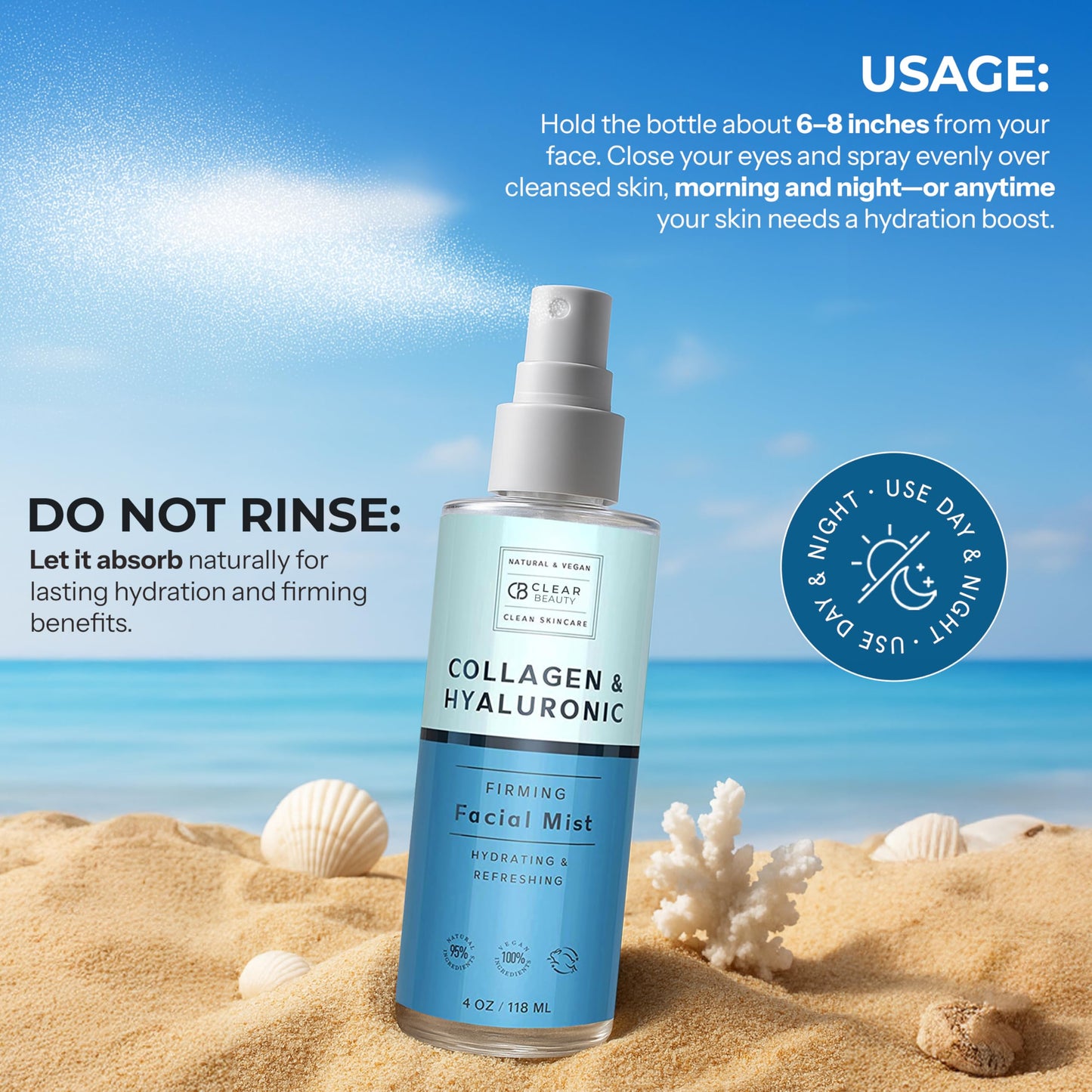 Clear Beauty Hyaluronic Acid & Collagen Face Mist - Dermatologist Tested, Moisturizes & Tones Skin, Anti-Aging, Natural Ingredients, Cruelty-Free, 95% Natural - All Skin Types - 4 OZ