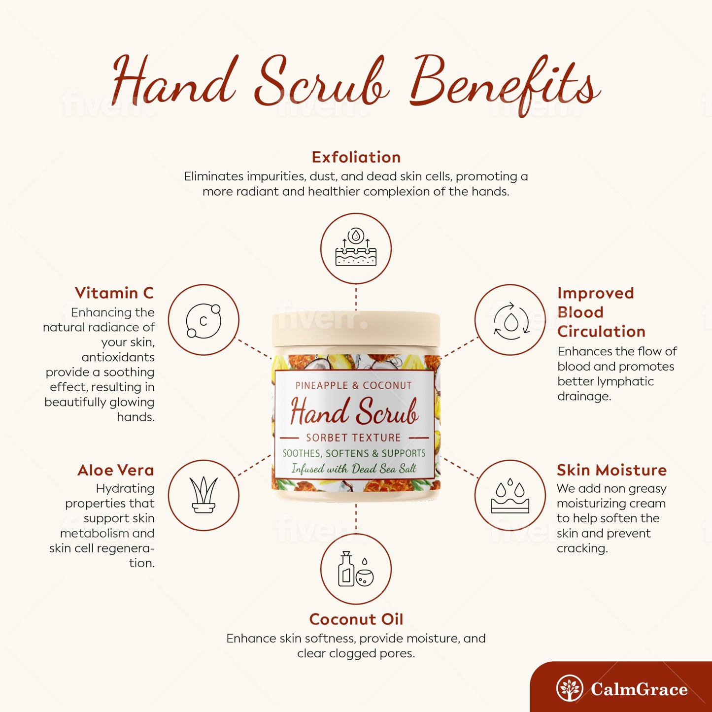 CalmGrace Hand Scrub for Dry Hands | Hand Exfoliating Scrub with Dead Sea Salts & Pineapple Coconut Scent | For Hands with Sorbet Texture | 10.5oz | Fortified with Avocado Oil, Vitamin E, C