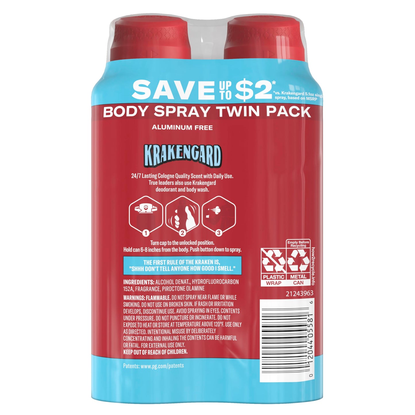 Old Spice Aluminum Free Body Spray for Men, 24/7 Odor Protection, 24/7 Lasting Fragnance & Freshness, Cologne Quality Scent, Krakengard with Deep Ocean Scent, 5.1 oz (Pack of 2)