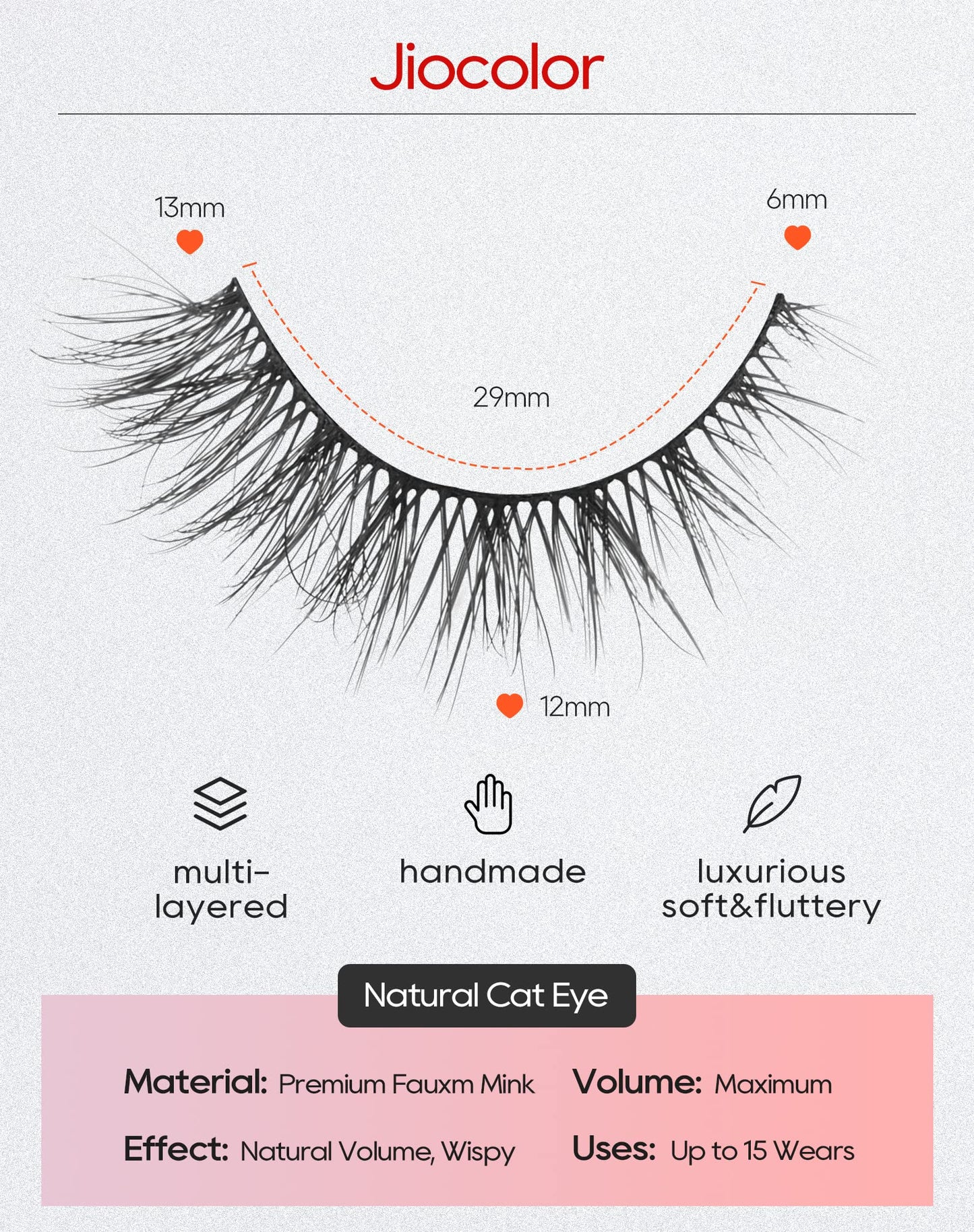 Jiocolor Lashes Natural Look Wispy False Eyelashes D Curl Faux Mink Lashes Fluffy Cotton Band Eyelashes Cat Eye Fake Eyelashes Pack 13MM