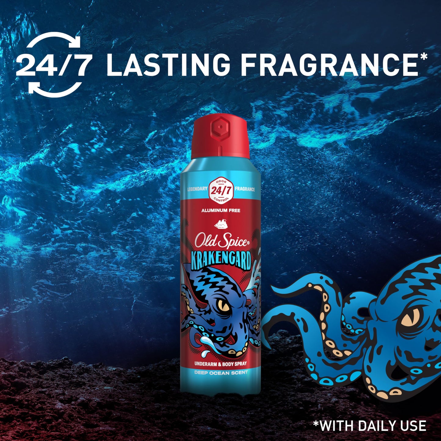 Old Spice Aluminum Free Body Spray for Men, 24/7 Odor Protection, 24/7 Lasting Fragnance & Freshness, Cologne Quality Scent, Krakengard with Deep Ocean Scent, 5.1 oz (Pack of 2)