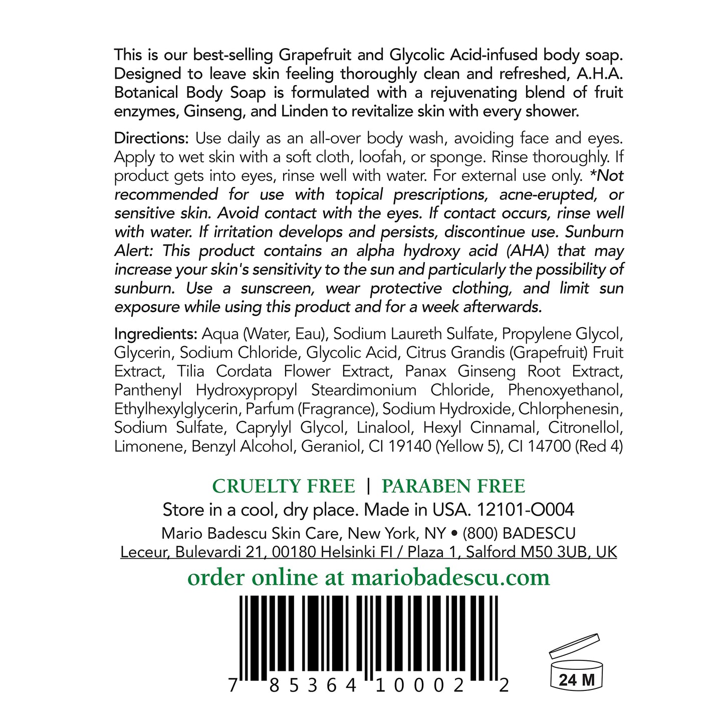 Mario Badescu AHA Botanical Body Wash Moisturizing, Clarifying and Gentle Exfoliating Body Wash for Brighter, Softer and Smoother Skin | Soap Infused with Glycolic Acid & Fruit Enzymes | 16 Fl Oz