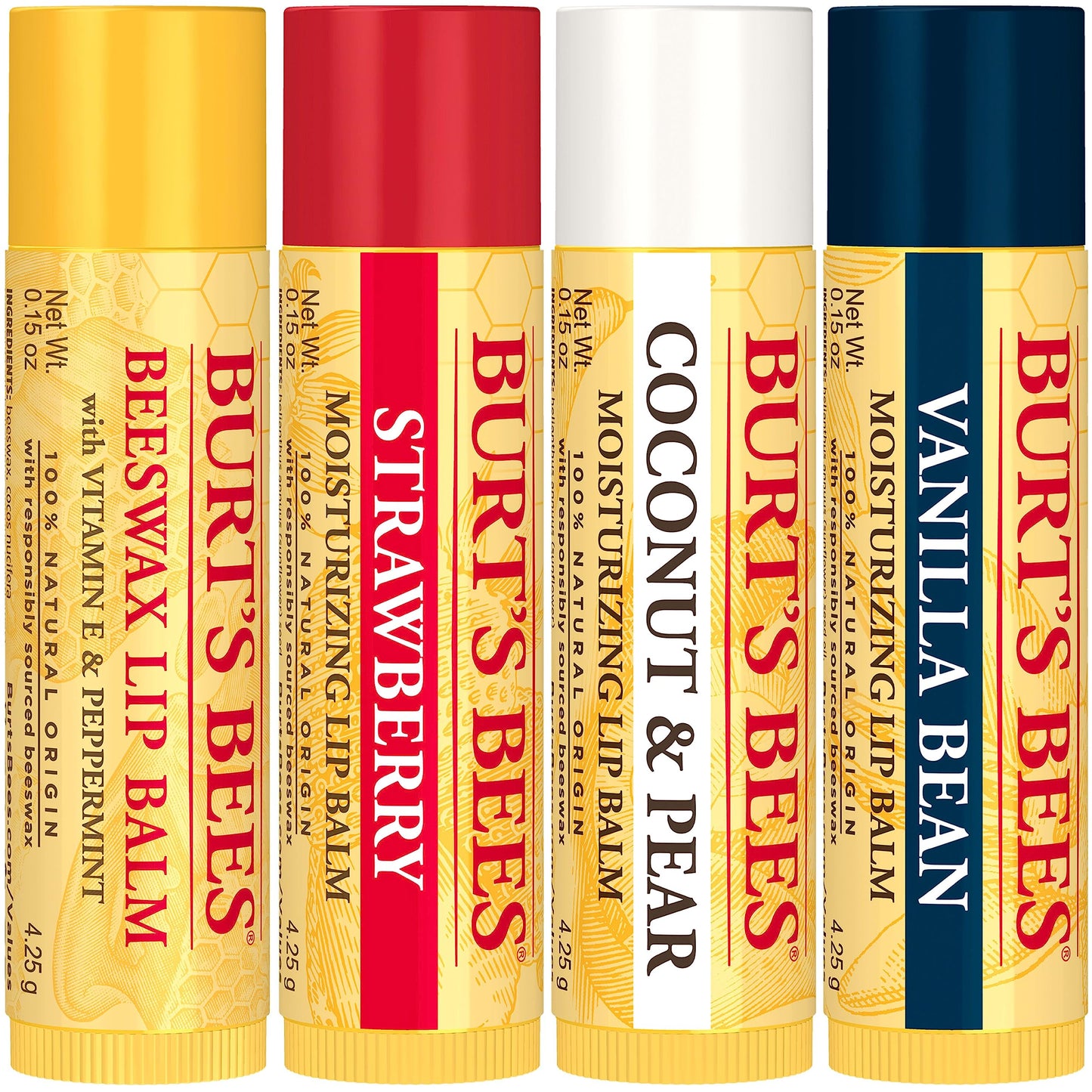Burt's Bees Lip Balm, Beeswax, Strawberry, Coconut and Pear, and Vanilla Bean Pack, With Responsibly Sourced Beeswax, Tint-Free, Natural Lip Treatment, 4 Tubes, 0.15 oz.