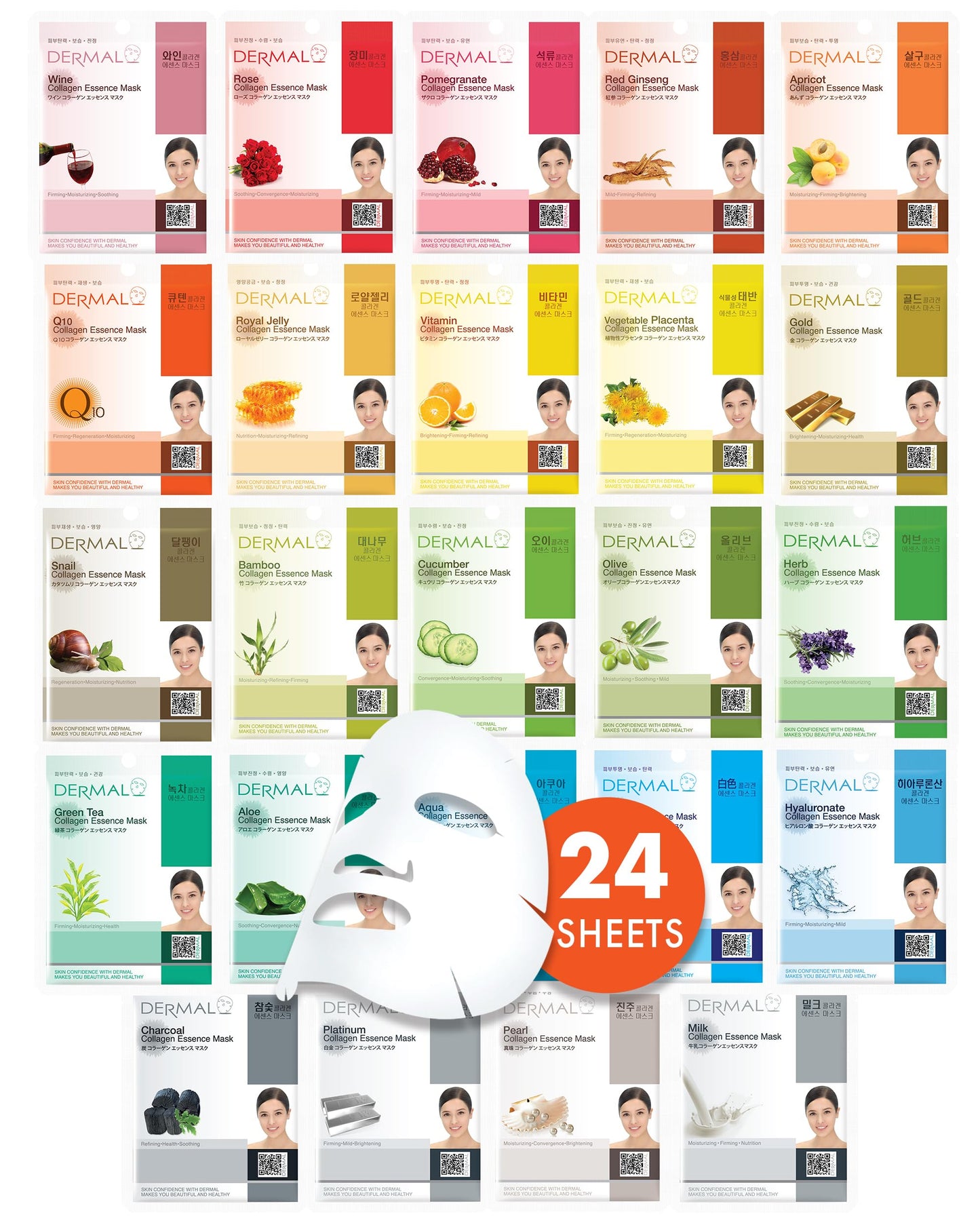 DERMAL Made in Korea Facial Mask – 20+ Years of Trusted K-Beauty, Premium Quality vs. Generic Chinese Masks, Best Value Sheet Mask for Daily Skincare – 24 Combo Pack