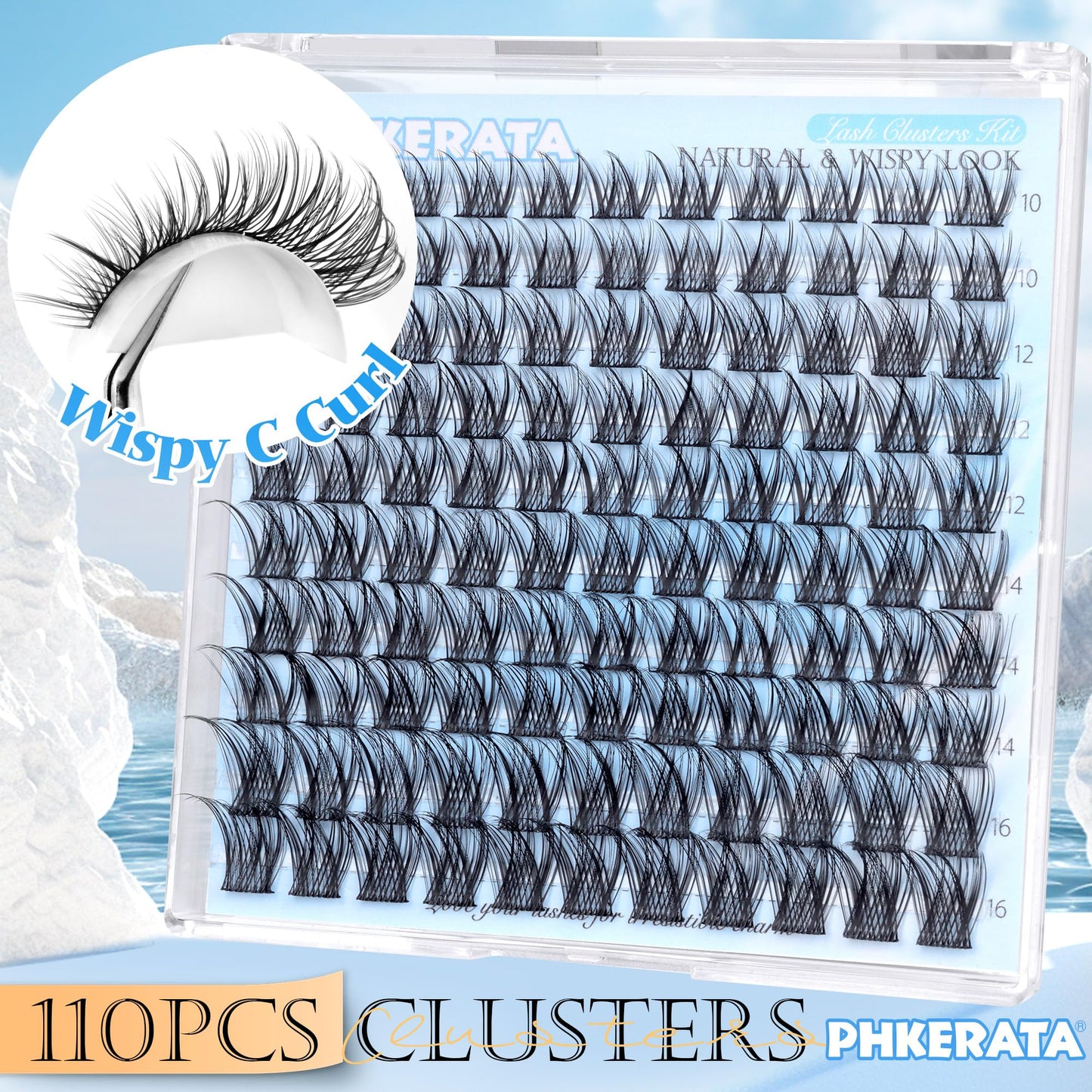 PHKERATA Natural Lash Clusters Wispy Eyelash Clusters 110Pcs Cluster Eyelash Extensions C Curl Individual Lashes 10-16MM Mix Length Natural Look Lashes Clusters with Thin Lash Band, Black
